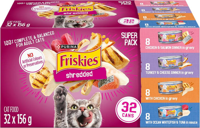 Friskies Shredded Wet Cat Food, Poultry & Fish Combo Variety Pack 4 Flavours - 156 g Can (32 Pack)