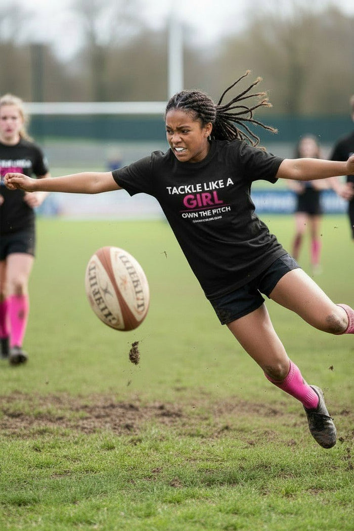 Junior athlete playing rugby in Tackle Like a Girl t-shirt - Girls sports performance wear UK