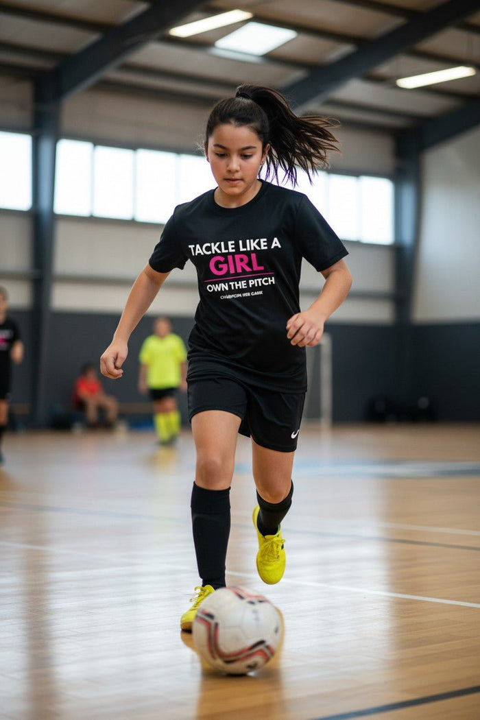 Girls indoor football training in Tackle Like a Girl Own the Pitch slogan tee - Youth futsal apparel