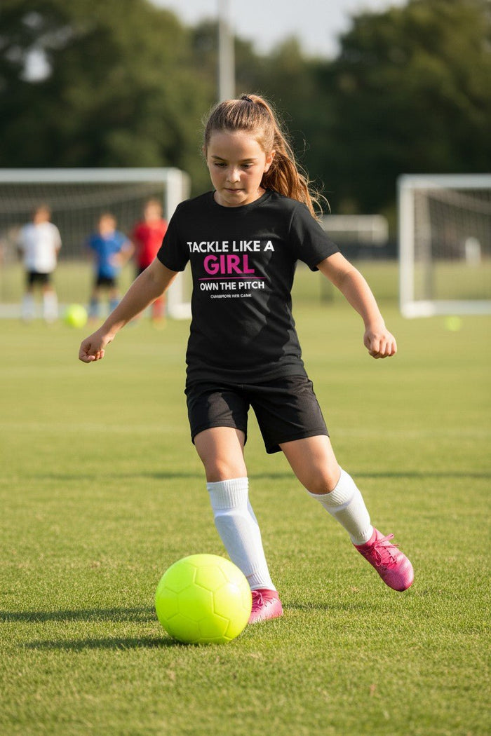 Girls grassroots football player in Tackle Like a Girl shirt - High-quality training top for female athletes.