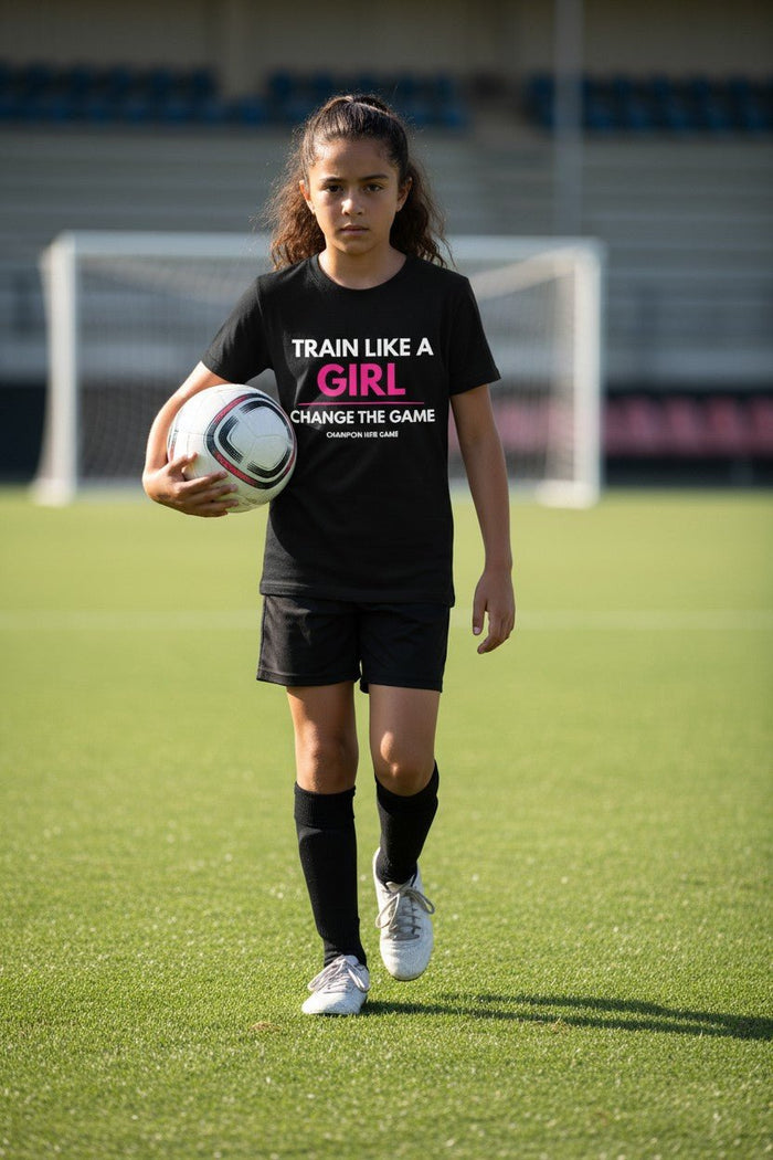 Girls football training drill - Train Like a Girl Own Your Power slogan tee for youth athletes.