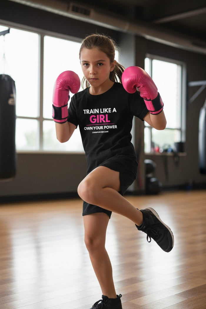 Junior athlete strength training - Train Like a Girl Own Your Power technical sports top for girls.