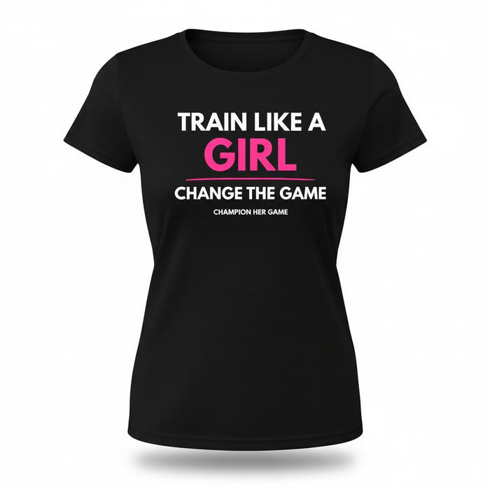 Black girls training t-shirt - Train Like a Girl Own Your Power slogan - Moisture-wicking youth sports shirt