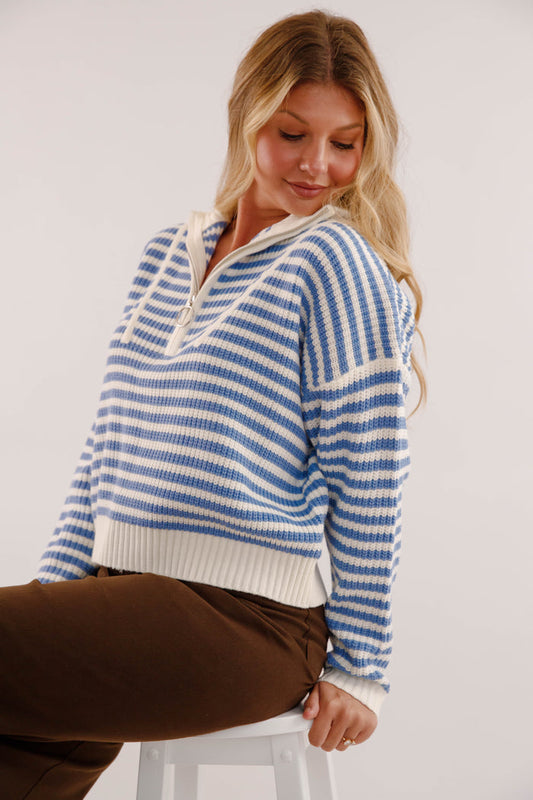 Chunky Knit Zip Mockneck Sweater- Blue Strip Knit Women's Sweater- Cozy Pullover for Women
