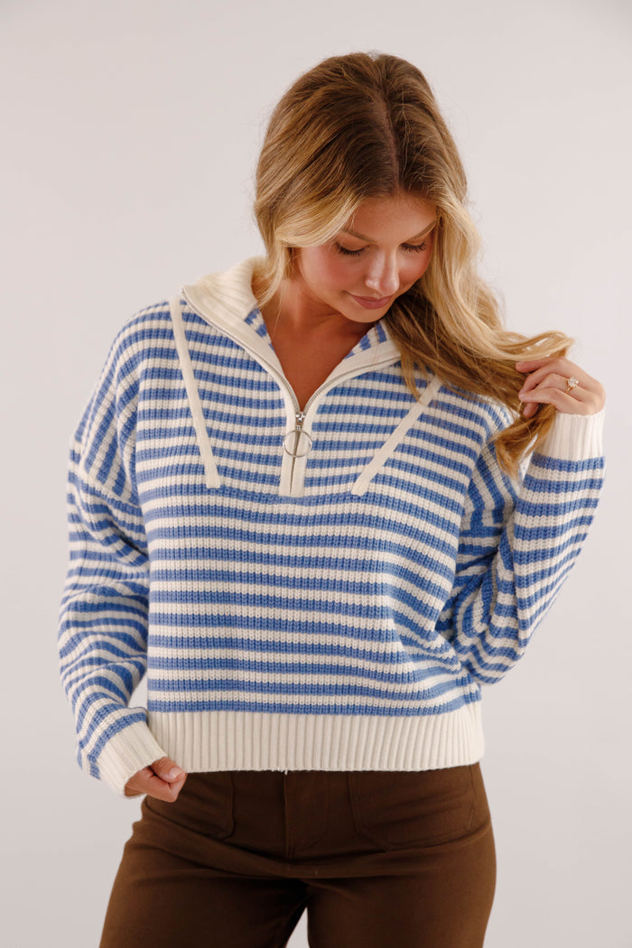 Chunky Knit Zip Mockneck Sweater- Blue Strip Knit Women's Sweater- Cozy Pullover for Women