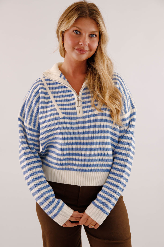 Chunky Knit Zip Mockneck Sweater- Blue Strip Knit Women's Sweater- Cozy Pullover for Women