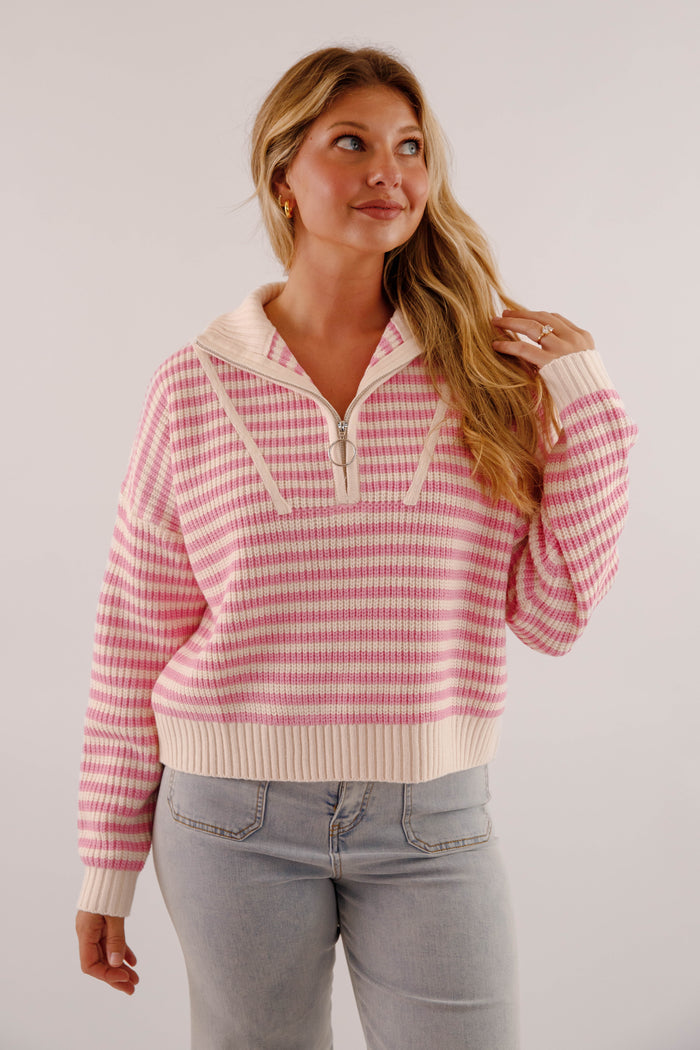 Chunky Knit Zip Mockneck Sweater- Pink Strip Knit Women's Sweater- Cozy Pullover for Women