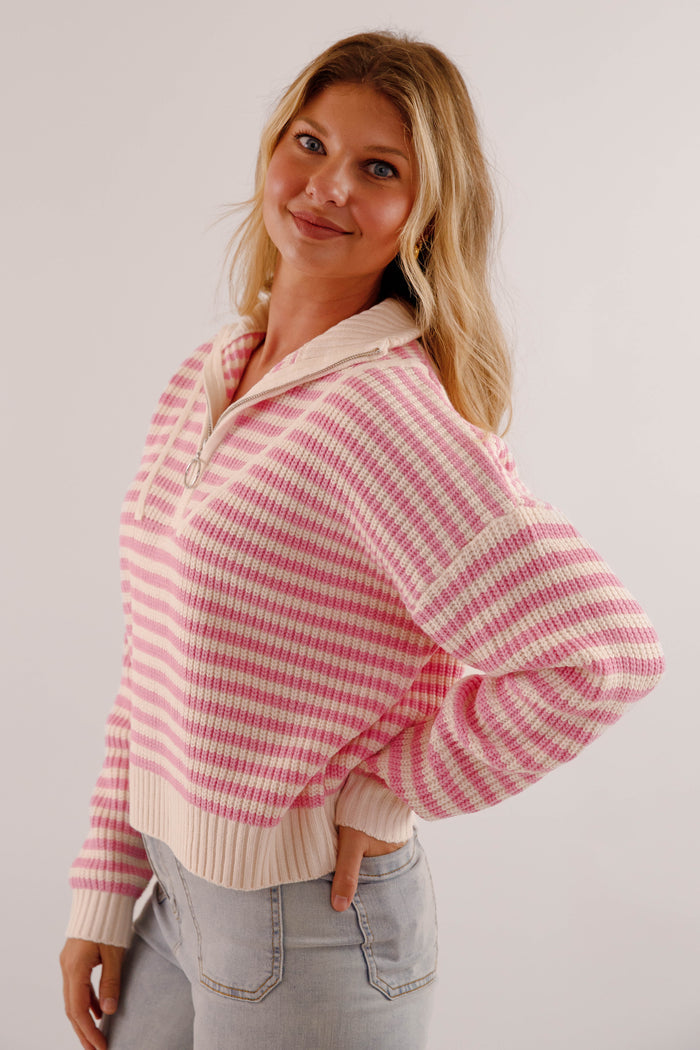 Chunky Knit Zip Mockneck Sweater- Pink Strip Knit Women's Sweater- Cozy Pullover for Women