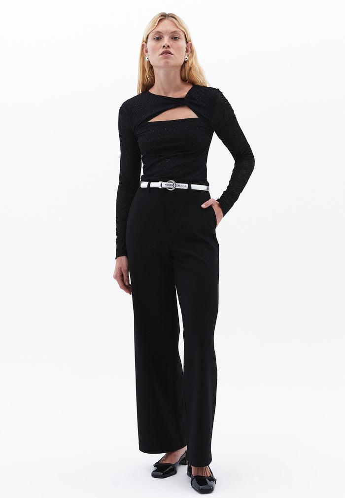 Glitter Crew Neck Long Sleeve T-Shirt - BLACK