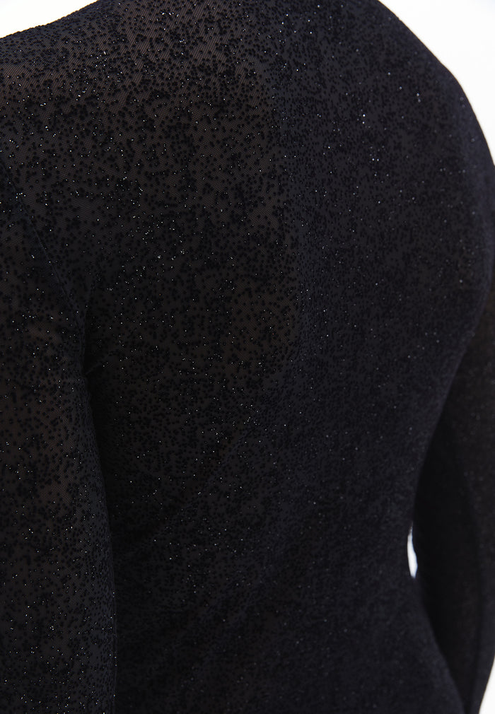 Glitter Crew Neck Long Sleeve T-Shirt - BLACK