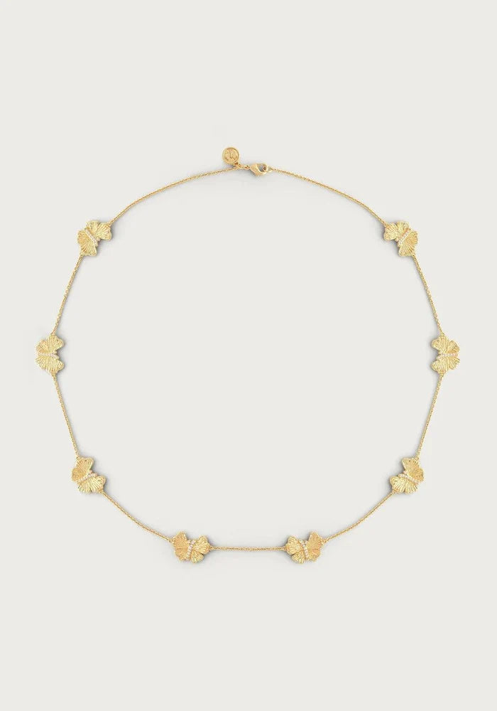 Gold butterfly station necklace in 18K gold-plated brass on white background