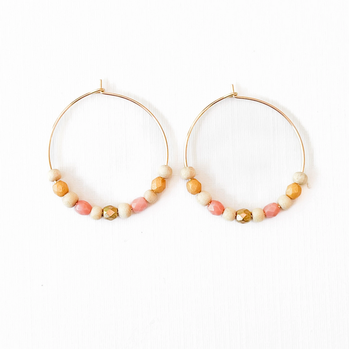Gold Filled Hoops with Tiny Wood and Pink Glass Beads