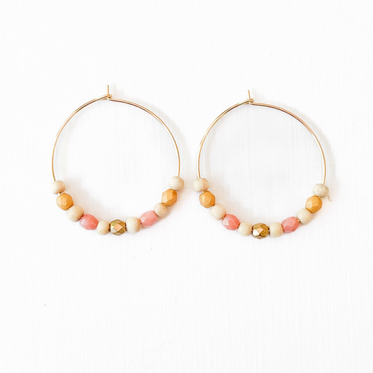Gold Filled Hoops with Tiny Wood and Pink Glass Beads