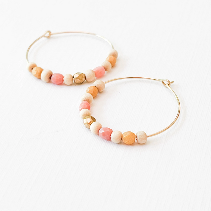 Gold Filled Hoops with Tiny Wood and Pink Glass Beads