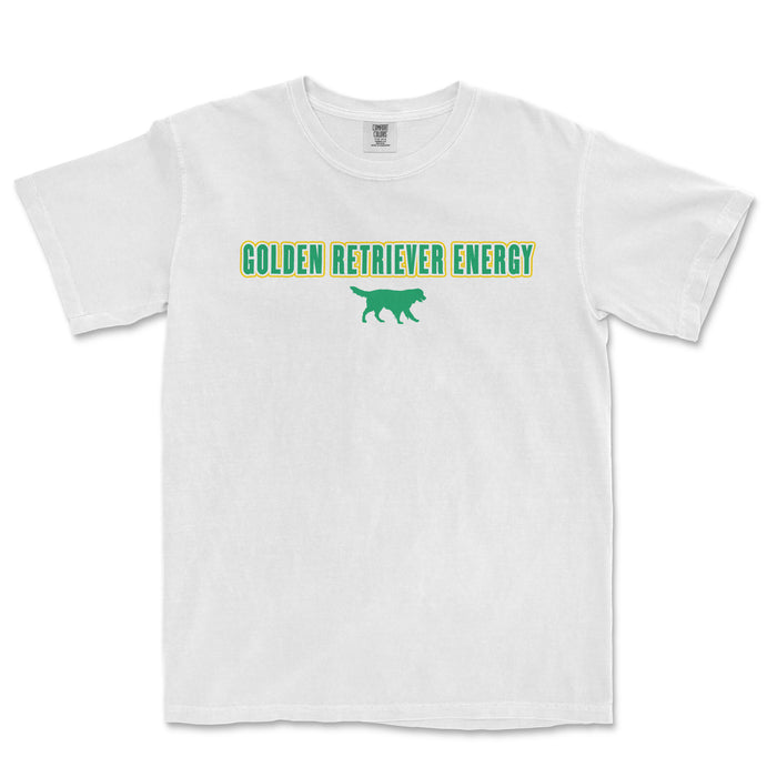 White vintage Comfort Colors T-shirt featuring green text "GOLDEN RETRIEVER ENERGY" and a silhouette of a golden retriever dog.