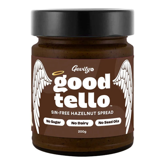 Jar of Gevity good tello sin-free hazelnut spread on a white background