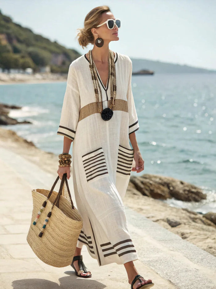 Gorielle - Robe femme maxi lin col V rayures contrastées coupe ample