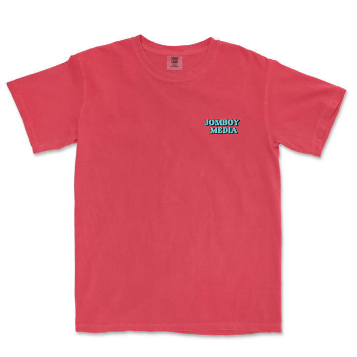 Pink Comfort Colors T-shirt with "JOMBOY MEDIA" in blue text on the left chest area.