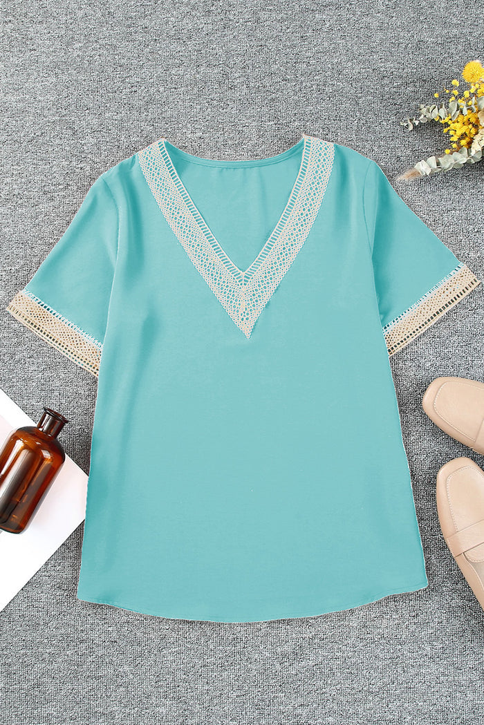 Green Lace Trim V Neck Short Sleeve Blouse