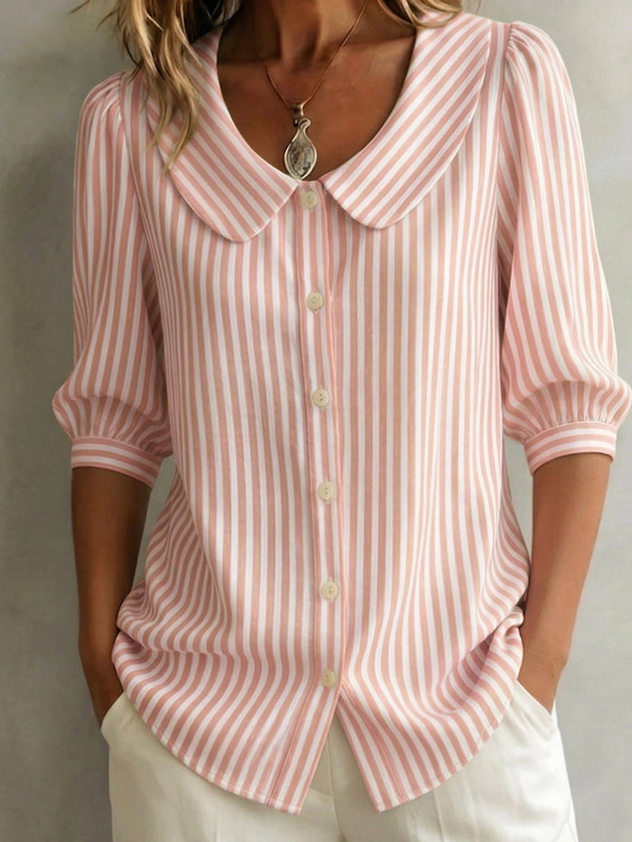 Halyssa - Blouse femme rayée col claudine boutons manches 3/4