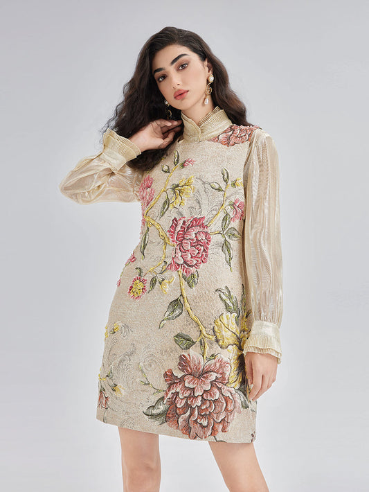 Hand-Beaded 3D Floral Jacquard Tank Dress