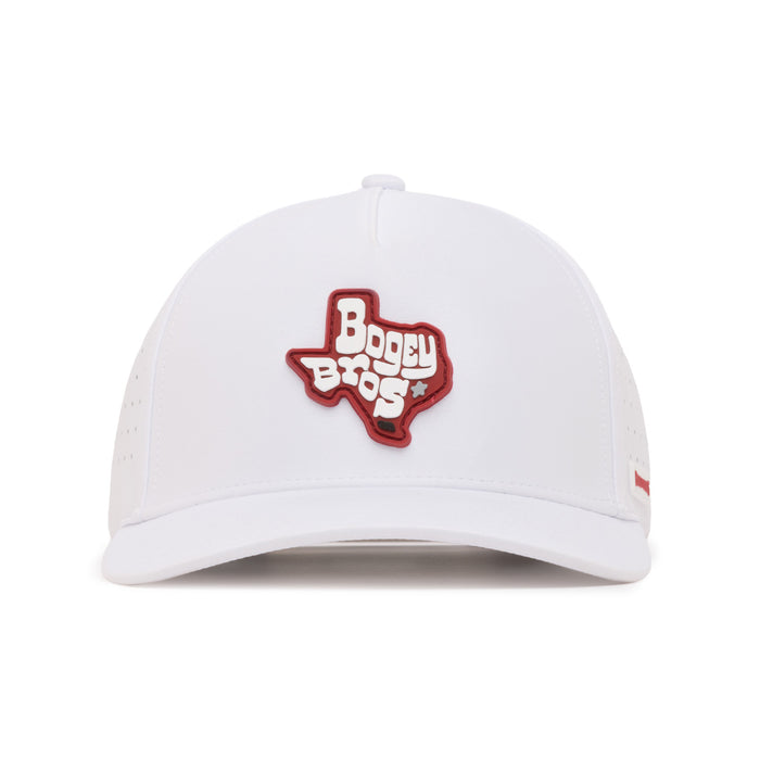 A white baseball cap featuring an outline of Texas in red on the front, with bold white text inside reading “Bogey Bros.” The cap has a curved brim and small ventilation holes on the sides.