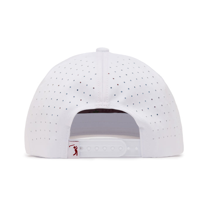 Back view of a white baseball cap with small ventilation holes, adjustable snap closure, and a small red logo tag on the left side of the opening. The cap is placed against a plain white background.