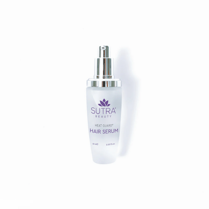 Bottle of Heat Guard Hair Serum | SUTRA with a silver pump dispenser, featuring a clean white background for a skincare product focused on hair wellness.