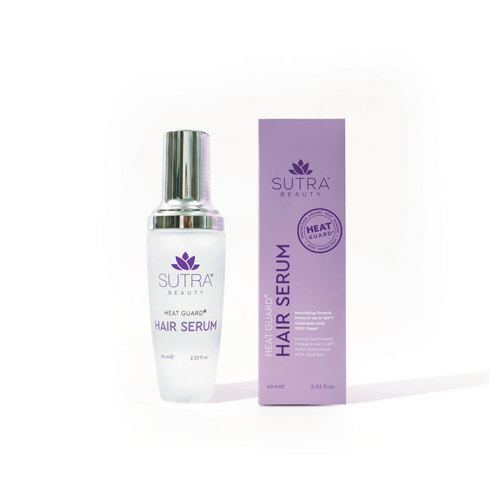 Bottle and packaging of Heat Guard Hair Serum | SUTRA with purple and white design, promoting hair protection and care.