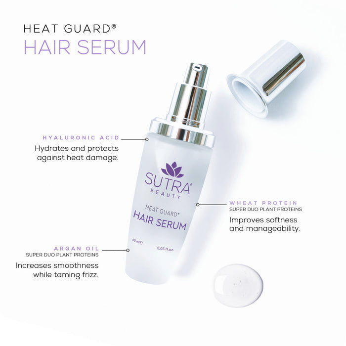 Bottle of Heat Guard Hair Serum | SUTRA with an open cap and a drop of serum nearby, highlighting ingredients like hyaluronic acid for hydration, wheat protein for softness, and argan oil for smoothness and frizz control.