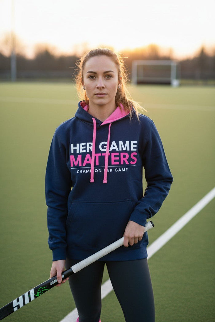 Her Game Matters Women’s Hoodie –Hockey and Football Supporters Wear Navy Hoodie with contrast Pink hood