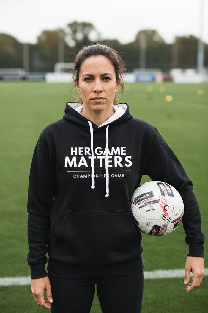 Her Game Matters Women’s Hoodie – All Sports including football and hockey Black hoodie with contrast white hood