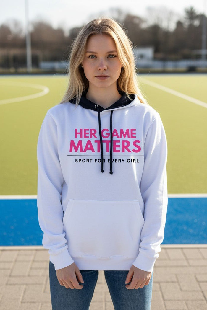 Her Game Matters Women’s Hoodie – Athletic sportswear for hockey, football all sports - White hoodie with contrast black hood