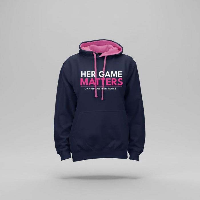 Her Game Matters Women's Hoodie - Premium sportswear for mums and female sports supporters. Navy with contrast pink hood