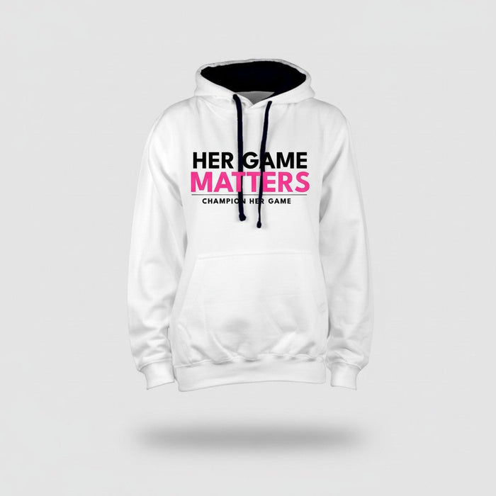 Her Game Matters ladies hoodie - Empowering gift for female coaches and sports enthusiasts UK. White with black contrast hood