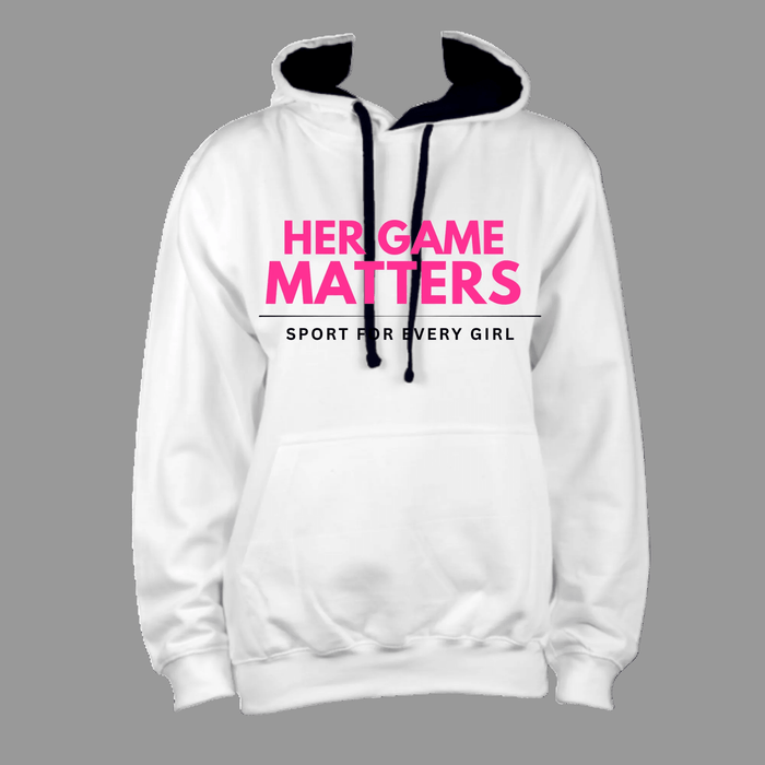 Champion Her Game Women's Hoodie - Comfortable fleece-lined training wear for female athletes. White with black contrast hood