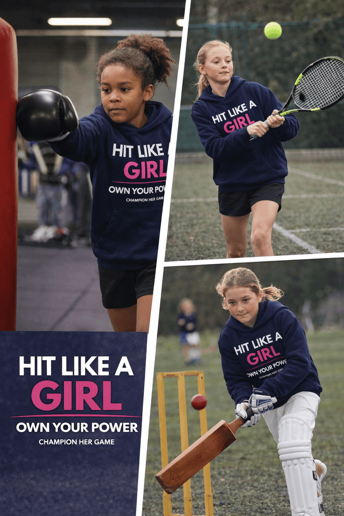 Girls cricket, boxing and hockey training in Hit Like A Girl hoodie - Technical sports performance wear for youth athletes