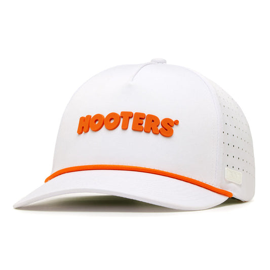 The Hooters Performance Golf Rope Hat is a white snapback featuring bold, raised orange HOOTERS lettering on the front, an orange brim trim, ventilation holes, and a sporty, clean design.
