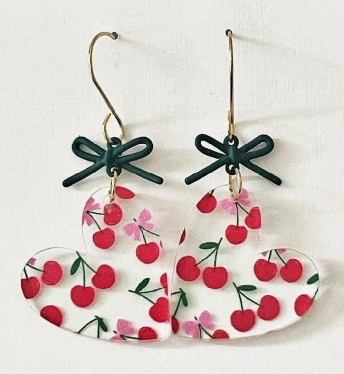 Jewelry - Acrylic Cherry Print with Green Bow Accent Earrings