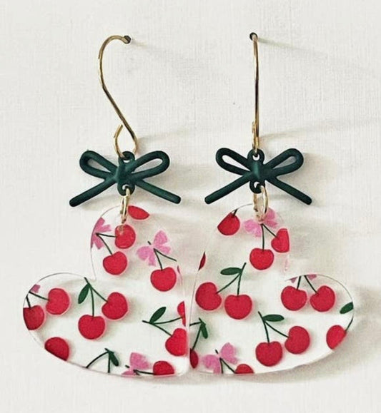 Jewelry - Acrylic Cherry Print with Green Bow Accent Earrings