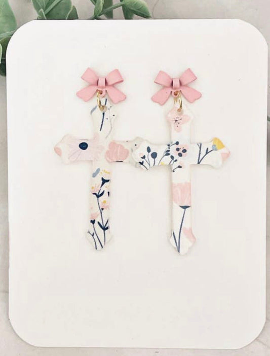 Jewelry - Floral Cross Dangle Earrings, Pink Bow Accent