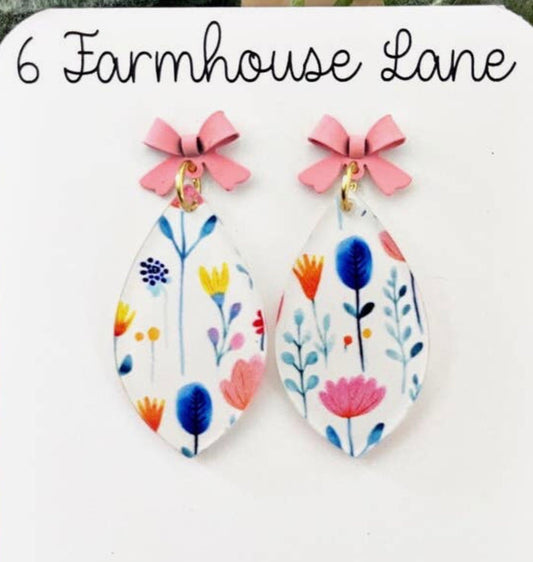 Jewelry - Floral Teardrop Dangle Earrings, Pink Bow Accent