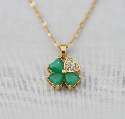 Jewelry - Lucky Clover Titanium Necklace with Zircon Accents, Green