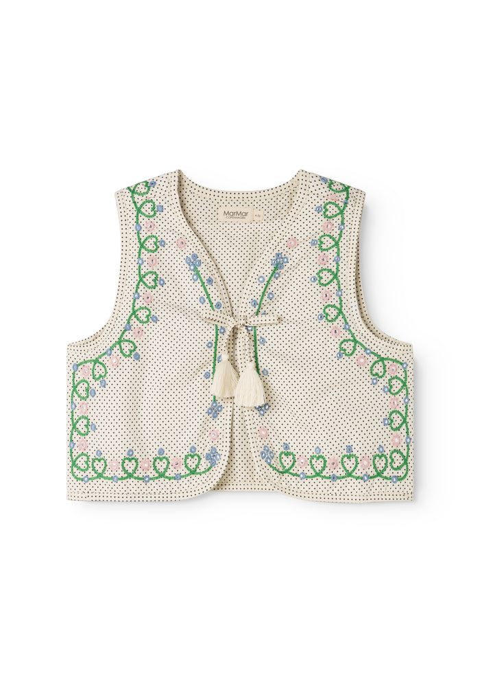 Baby sweater in cream color with green embroidery, blue and pink flowers, and a bow in the middle.