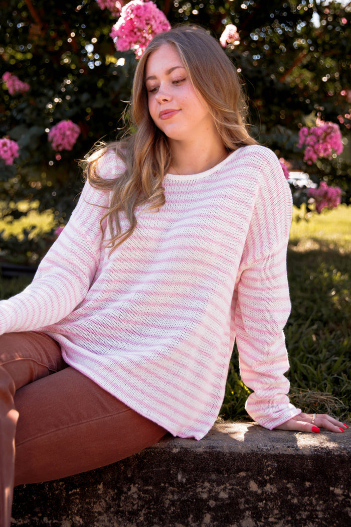 Pink and White Striped Sweater- Women's Preppy Striped Knitted Sweater- Miracle Striped Sweater