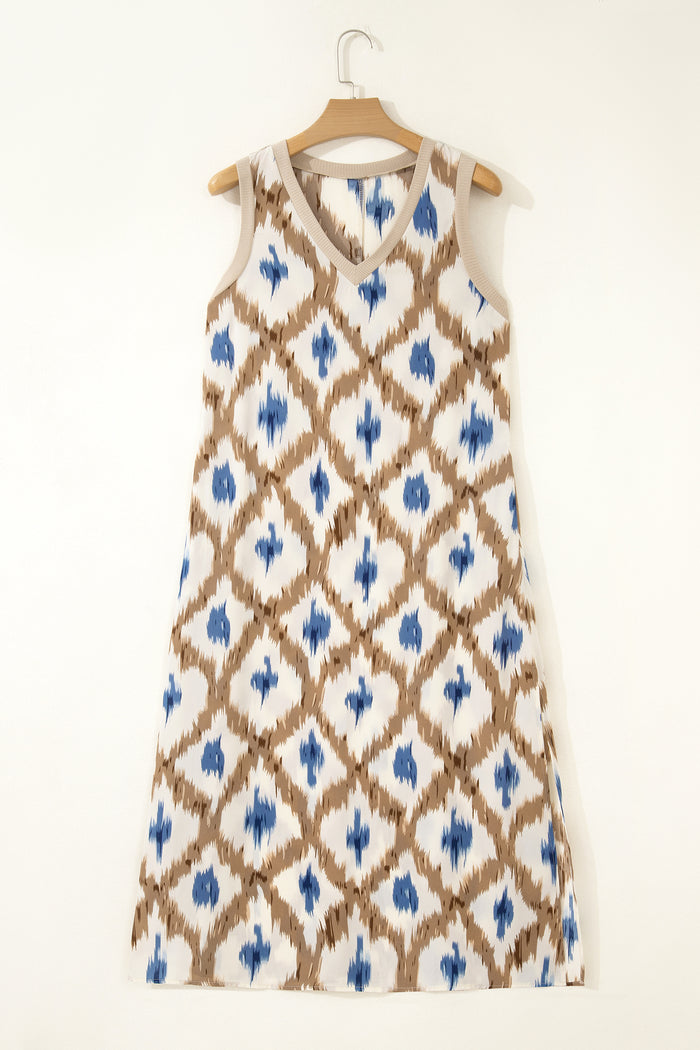 Khaki Boho Abstract Print V Neck Sleeveless Long Dress