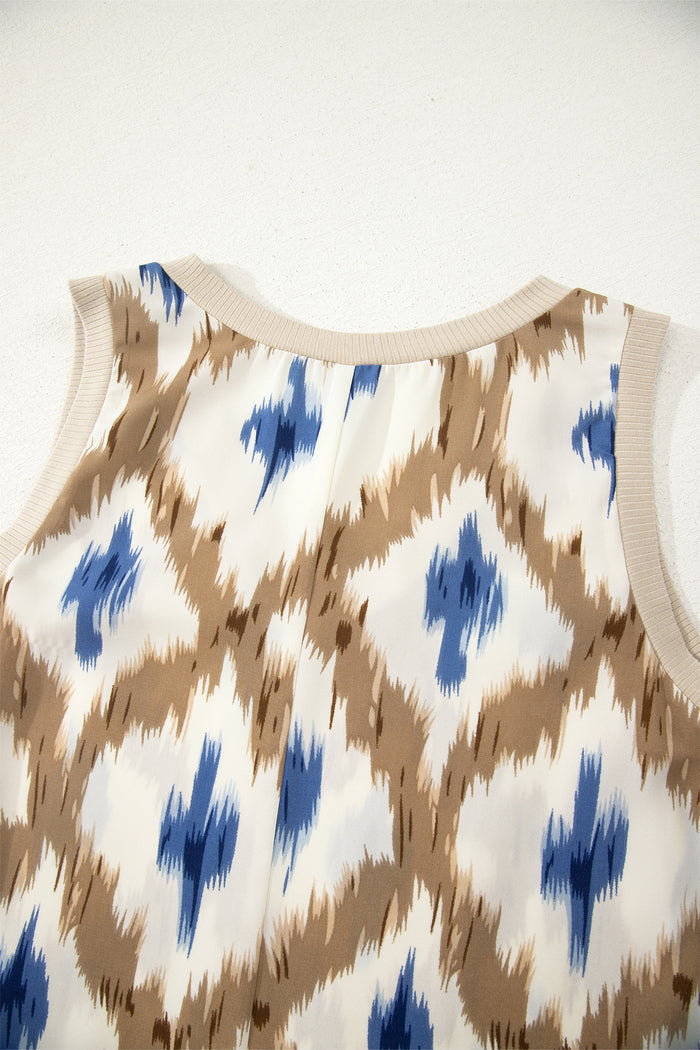 Khaki Boho Abstract Print V Neck Sleeveless Long Dress