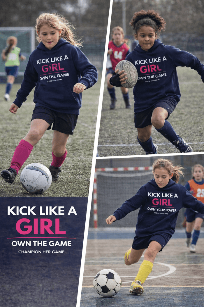 Young football players training in Kick Like a Girl hoodies - Team performance wear for girls grassroots sports