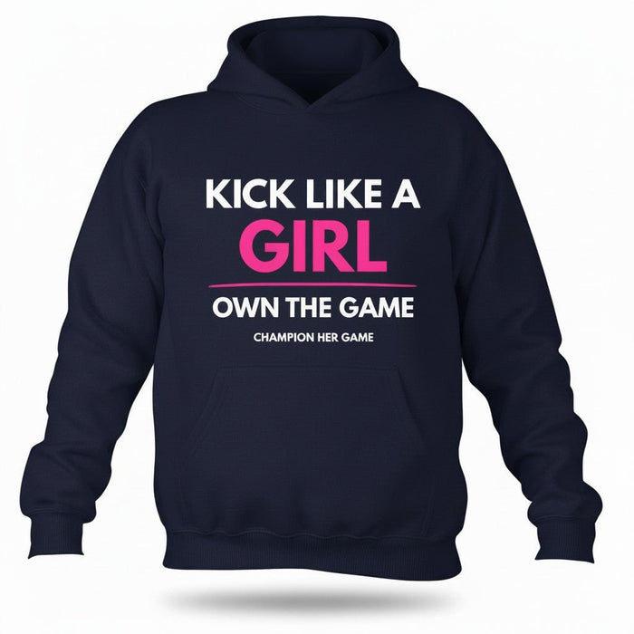 Navy and White kids sports hoodie - Kick Like a Girl premium fleece hoodie for girls sports teams