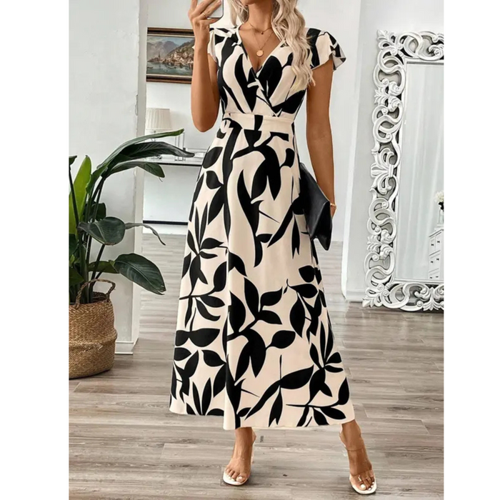 Korevyn - Robe maxi femme imprimé floral noir et beige élégante fluide